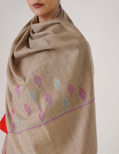 Kashmiri Handwoven Pashmina Sozni Stole Bootidaar – Natural | Handwoven Heritage - Kashmir Box