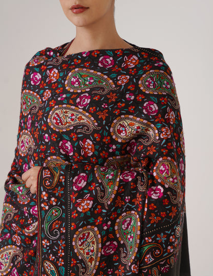 Kashmiri Handwoven Pashmina Sozni Shawl Jaalidar – Black &amp; Grey | Multicolour Heritage - Kashmir Box