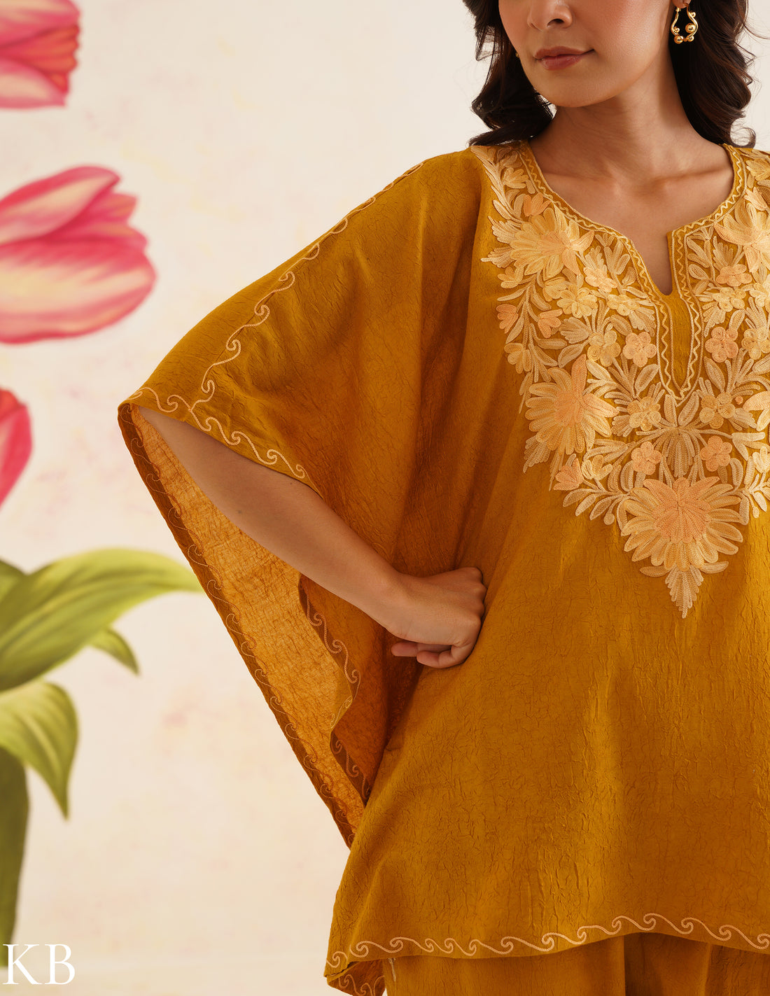 Mustard Brown Aari Embroidered Cotton Kaftan Set | Comfortable Loose-Fit Coordinated Outfit | Summer Ethnic Wear - Kashmir Box