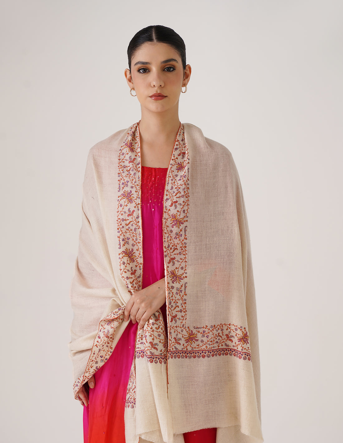 Kashmiri Handwoven Pashmina Sozni Shawl Doredaar – Off-White | Handwoven Heritage - Kashmir Box