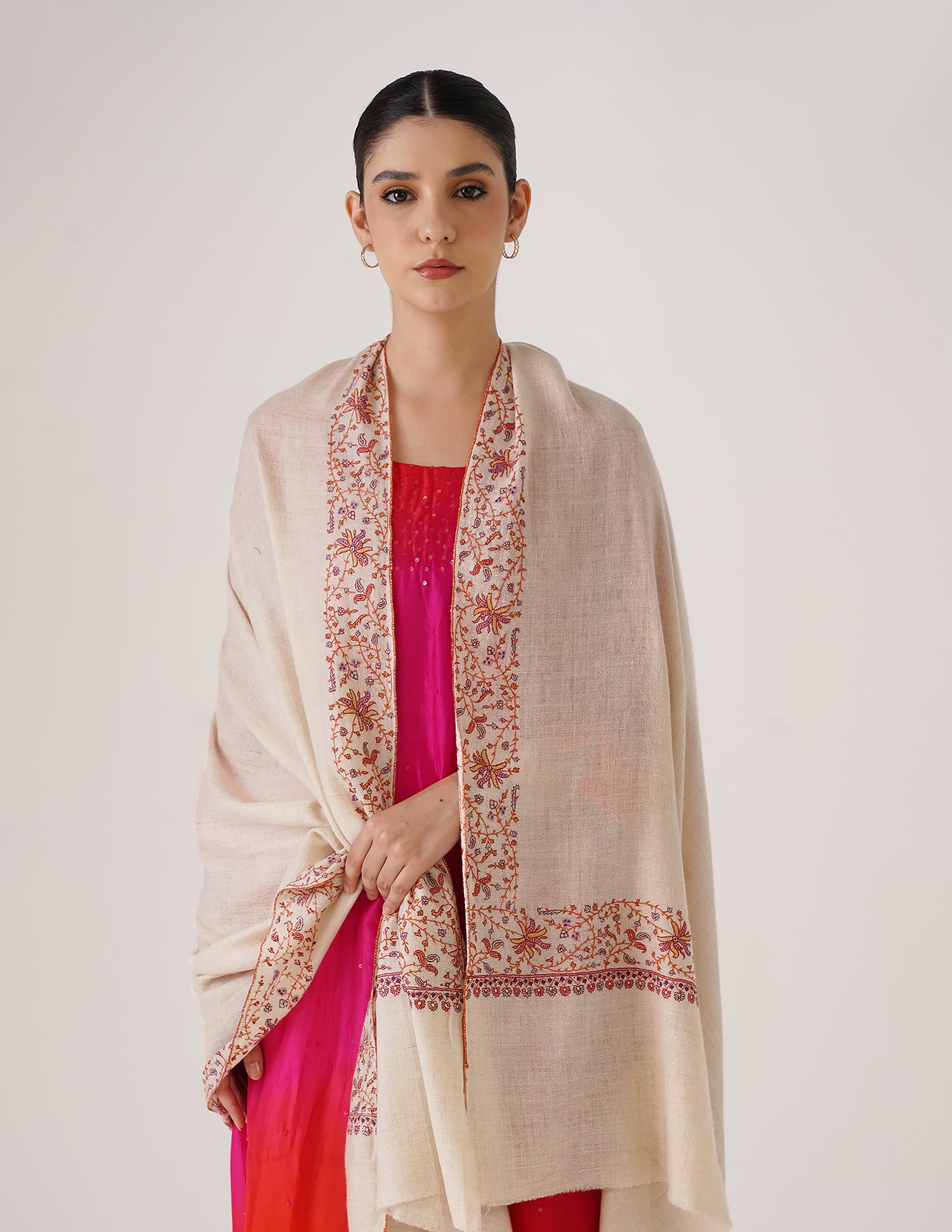 Kashmiri Handwoven Pashmina Sozni Shawl Doredaar – Off-White Handwov