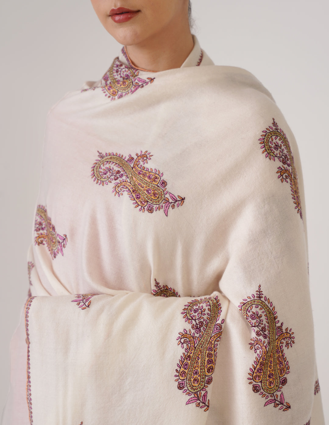 Kashmiri Handwoven Pashmina Sozni Shawl Bootidar Badaam Motifs – Off White | Multicolour Heritage - Kashmir Box