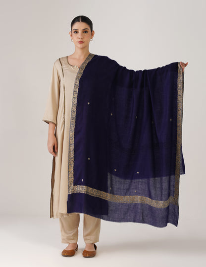 Kashmiri Handwoven Pashmina Sozni Shawl Doredaar – Navy Blue | Mehendi &amp; Grey Heritage - Kashmir Box