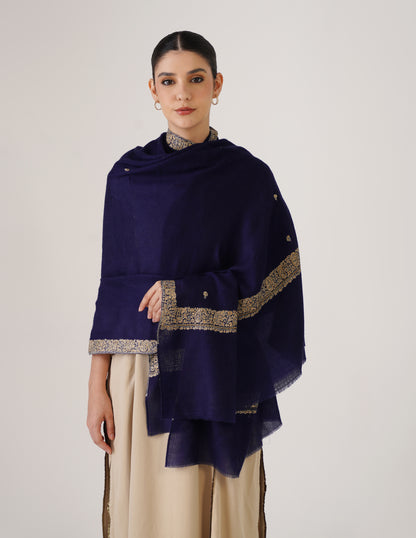 Kashmiri Handwoven Pashmina Sozni Shawl Doredaar – Navy Blue | Mehendi &amp; Grey Heritage - Kashmir Box