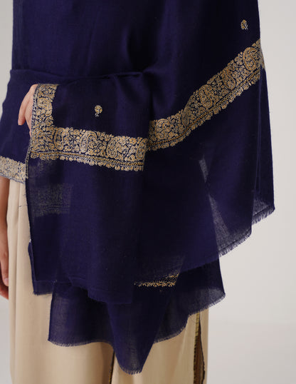 Kashmiri Handwoven Pashmina Sozni Shawl Doredaar – Navy Blue | Mehendi &amp; Grey Heritage - Kashmir Box