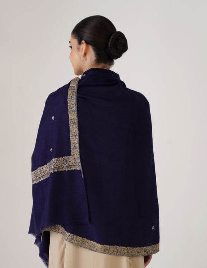 Kashmiri Handwoven Pashmina Sozni Shawl Doredaar – Navy Blue | Mehendi &amp; Grey Heritage - Kashmir Box