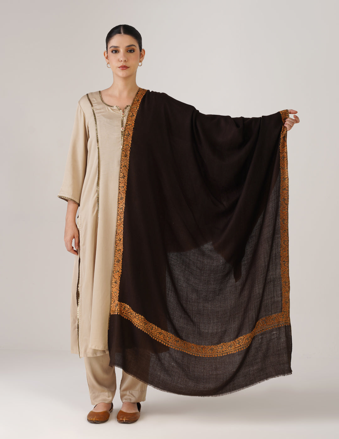 Kashmiri Handwoven Pashmina Sozni Shawl Doredaar – Brown | Yellow &amp; Orange Heritage - Kashmir Box