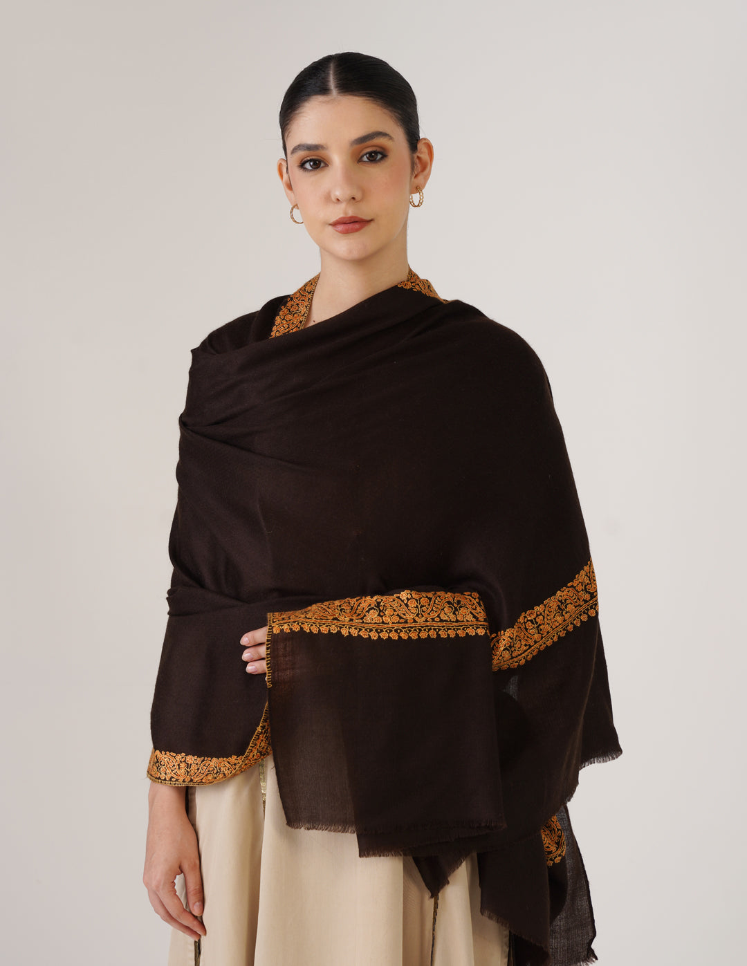 Kashmiri Handwoven Pashmina Sozni Shawl Doredaar – Brown | Yellow &amp; Orange Heritage - Kashmir Box