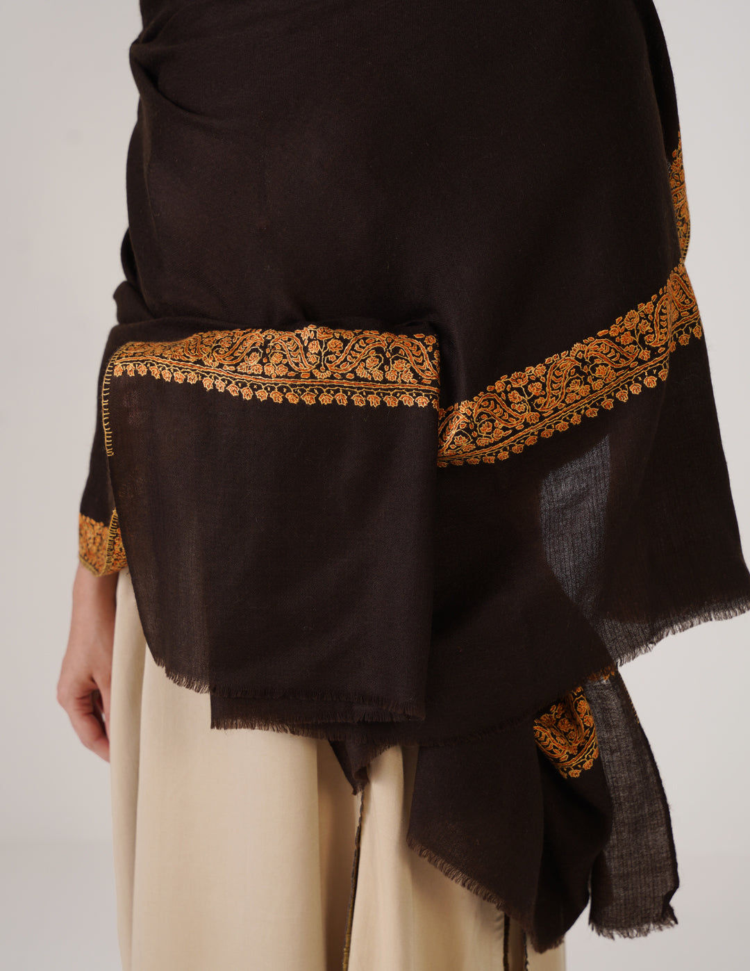 Kashmiri Handwoven Pashmina Sozni Shawl Doredaar – Brown | Yellow &amp; Orange Heritage - Kashmir Box