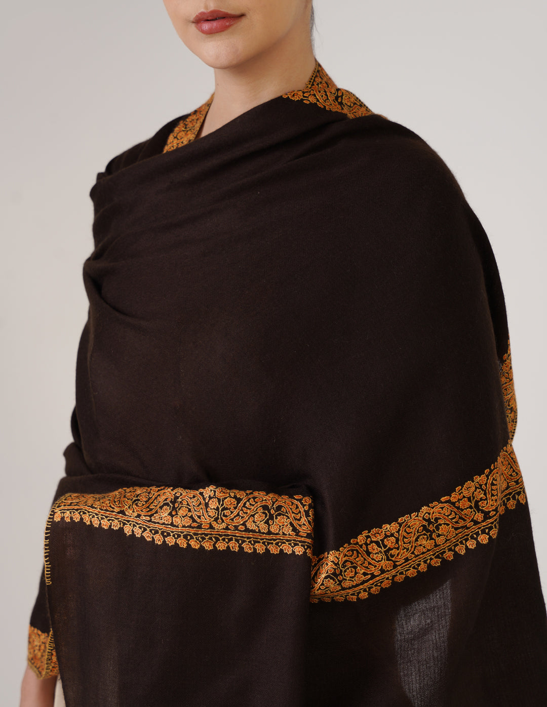 Kashmiri Handwoven Pashmina Sozni Shawl Doredaar – Brown | Yellow &amp; Orange Heritage - Kashmir Box