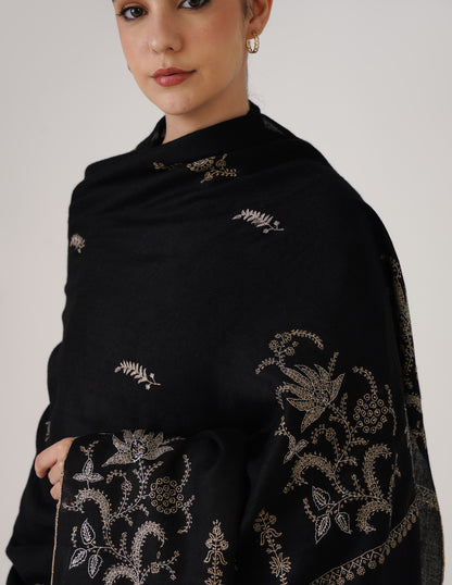 Kashmiri Handwoven Pashmina Sozni Shawl Paldaar – Black | Multicolour Heritage - Kashmir Box