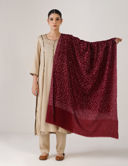 Kashmiri Handwoven Pashmina Sozni Shawl Jaalidar – Maroon | Pink &amp; Light Brown Heritage - Kashmir Box