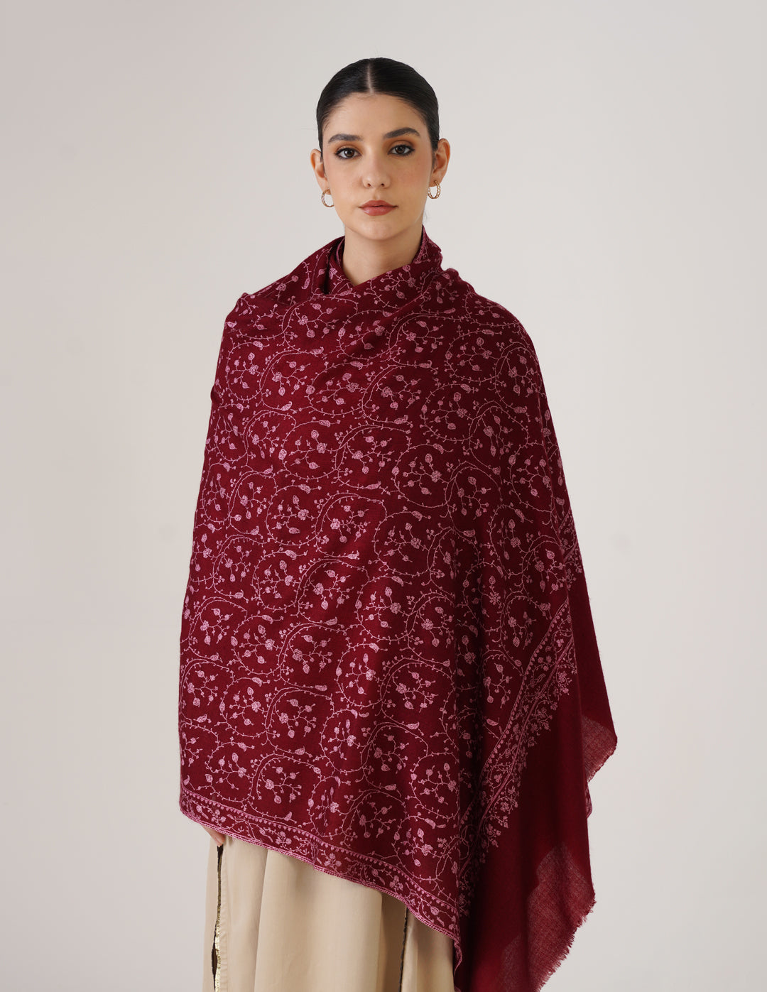 Kashmiri Handwoven Pashmina Sozni Shawl Jaalidar – Maroon | Pink &amp; Light Brown Heritage - Kashmir Box