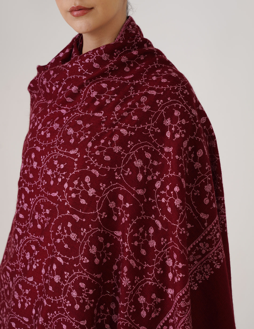 Kashmiri Handwoven Pashmina Sozni Shawl Jaalidar – Maroon | Pink &amp; Light Brown Heritage - Kashmir Box