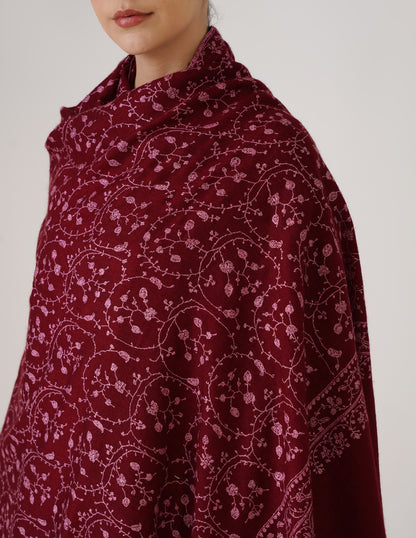 Kashmiri Handwoven Pashmina Sozni Shawl Jaalidar – Maroon | Pink &amp; Light Brown Heritage - Kashmir Box