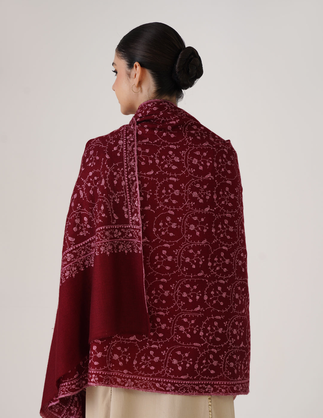 Kashmiri Handwoven Pashmina Sozni Shawl Jaalidar – Maroon | Pink &amp; Light Brown Heritage - Kashmir Box