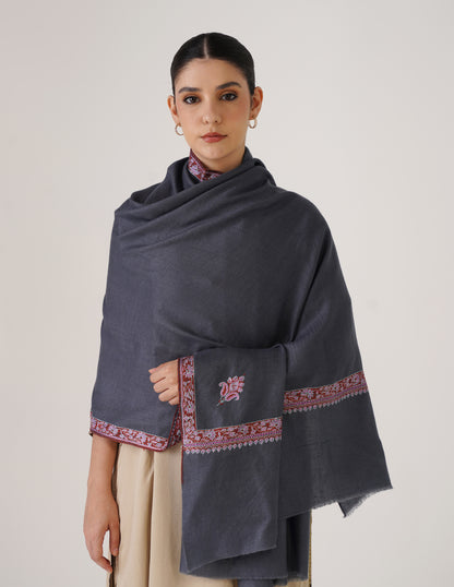 Kashmiri Handwoven Pashmina Sozni Stole Hashidaar – Grey | Multicolour Heritage - Kashmir Box