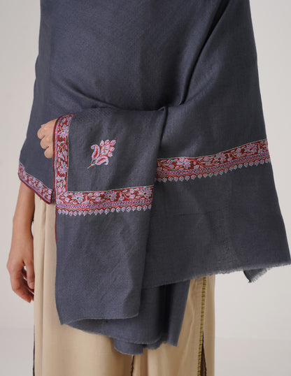 Kashmiri Handwoven Pashmina Sozni Stole Hashidaar – Grey | Multicolour Heritage - Kashmir Box