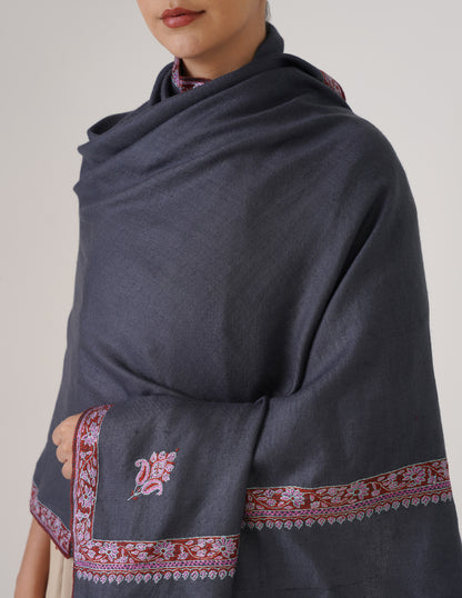 Kashmiri Handwoven Pashmina Sozni Stole Hashidaar – Grey | Multicolour Heritage - Kashmir Box