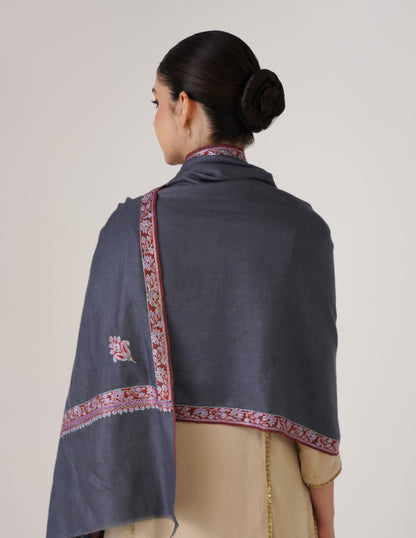 Kashmiri Handwoven Pashmina Sozni Stole Hashidaar – Grey | Multicolour Heritage - Kashmir Box