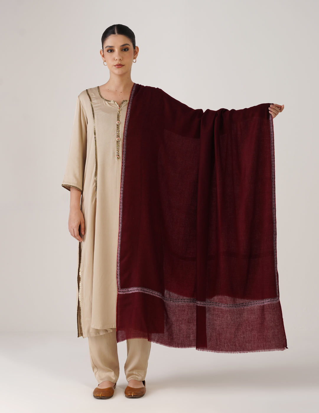 Kashmiri Handwoven Pashmina Sozni Shawl Hashidaar – Wine Red | Multicolour Heritage - Kashmir Box