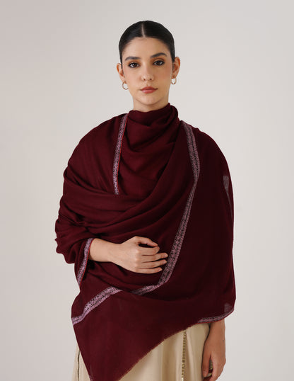 Kashmiri Handwoven Pashmina Sozni Shawl Hashidaar – Wine Red | Multicolour Heritage - Kashmir Box