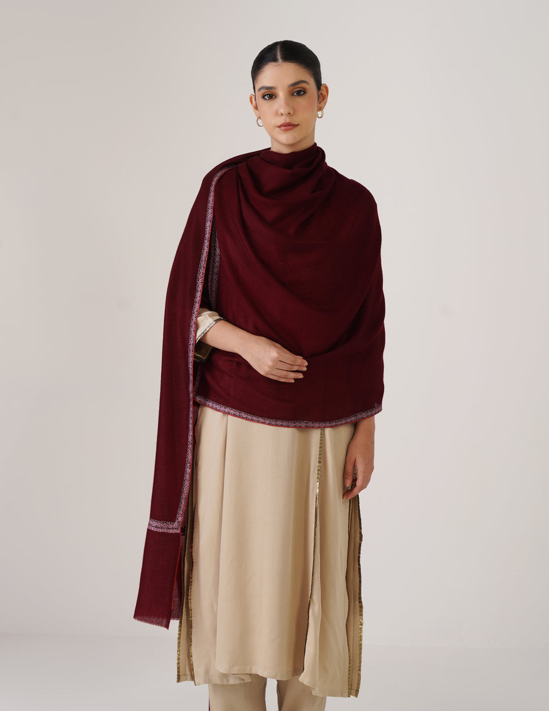 Kashmiri Handwoven Pashmina Sozni Shawl Hashidaar – Wine Red | Multicolour Heritage - Kashmir Box