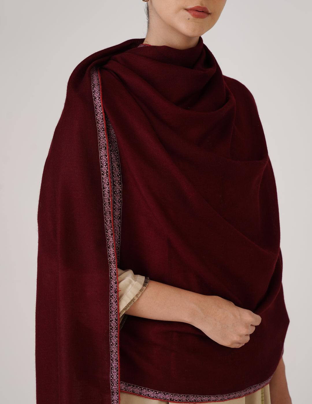 Kashmiri Handwoven Pashmina Sozni Shawl Hashidaar – Wine Red | Multicolour Heritage - Kashmir Box