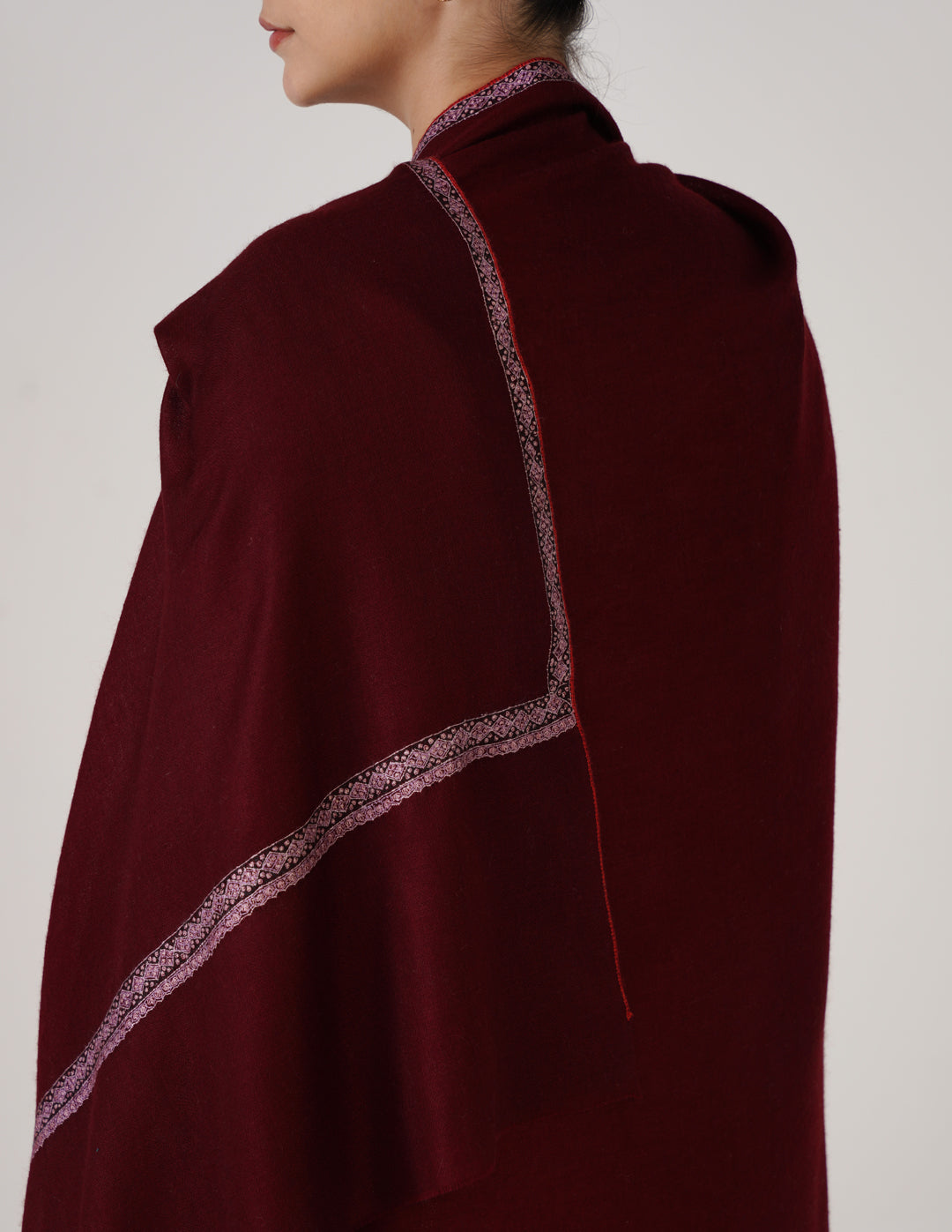 Kashmiri Handwoven Pashmina Sozni Shawl Hashidaar – Wine Red | Multicolour Heritage - Kashmir Box