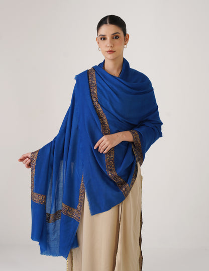 Kashmiri Handwoven Pashmina Sozni Shawl Doredaar – Blue | Brown &amp; Mehendi Heritage - Kashmir Box