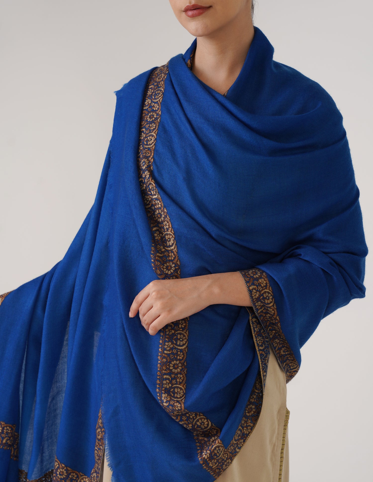 Kashmiri Handwoven Pashmina Sozni Shawl Doredaar – Blue | Brown &amp; Mehendi Heritage - Kashmir Box