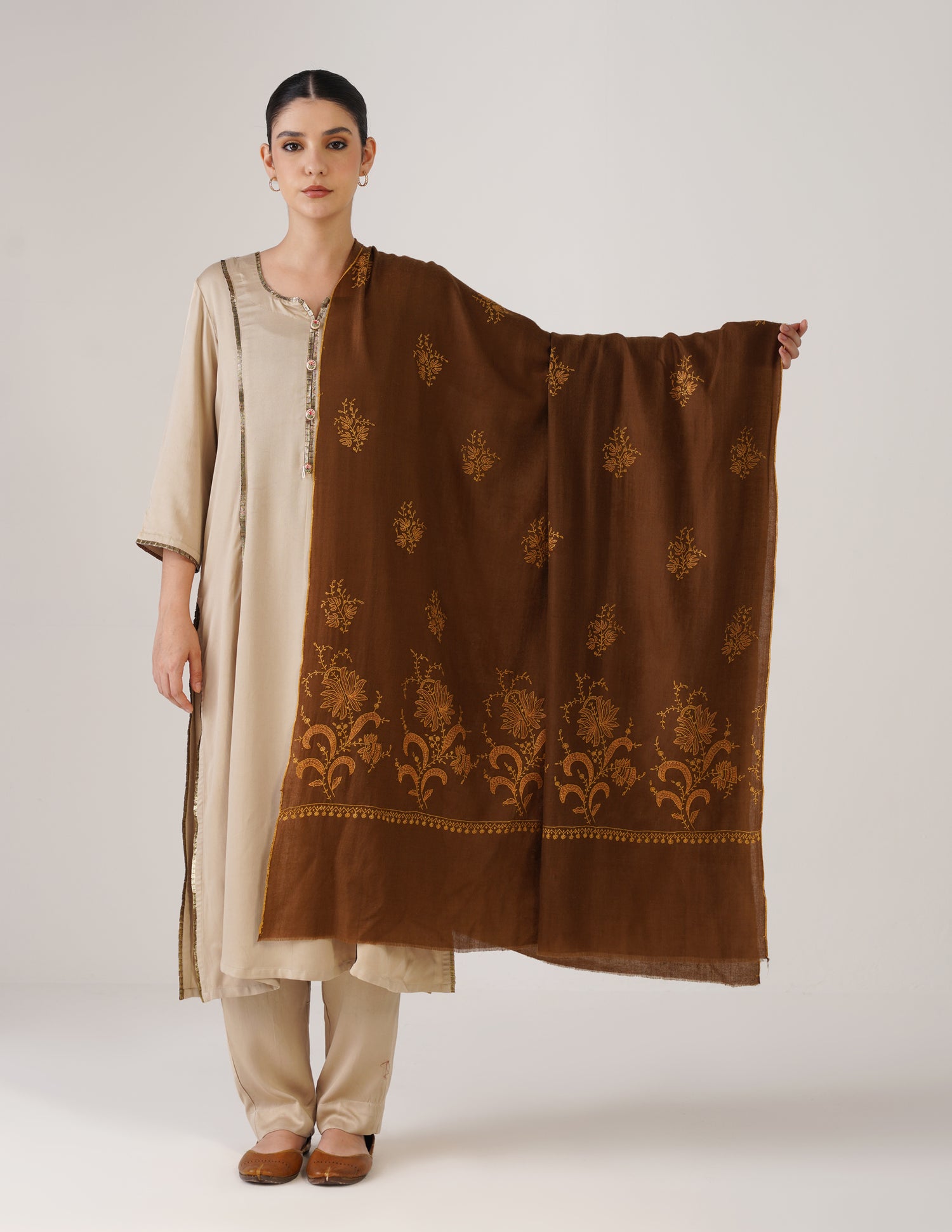 Kashmiri Handwoven Pashmina Sozni Shawl Bootidar – Brown | Yellow &amp; Orange Heritage - Kashmir Box