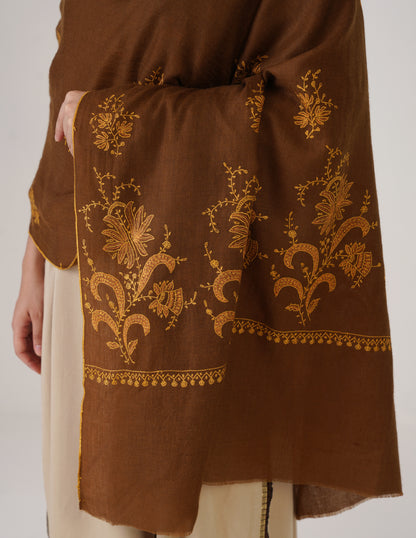 Kashmiri Handwoven Pashmina Sozni Shawl Bootidar – Brown | Yellow &amp; Orange Heritage - Kashmir Box