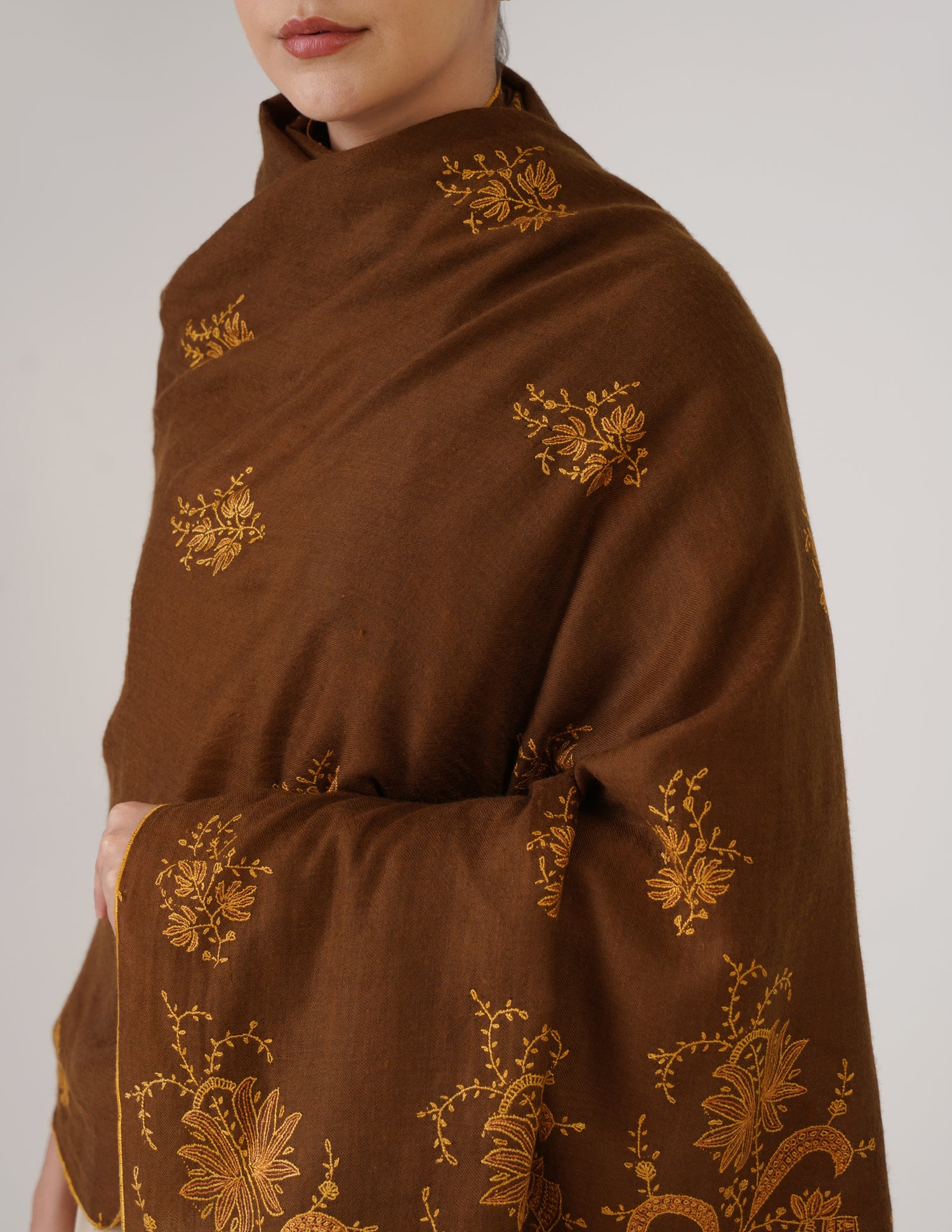 Kashmiri Handwoven Pashmina Sozni Shawl Bootidar – Brown | Yellow &amp; Orange Heritage - Kashmir Box