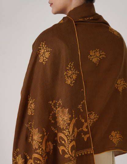 Kashmiri Handwoven Pashmina Sozni Shawl Bootidar – Brown | Yellow &amp; Orange Heritage - Kashmir Box