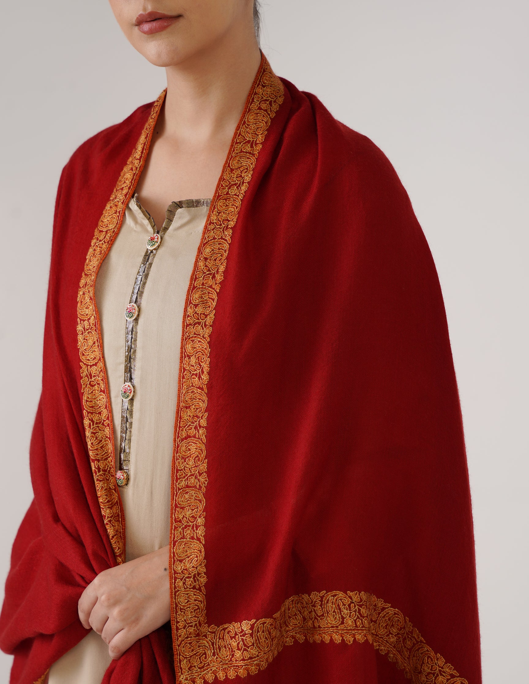 Kashmiri Handwoven Pashmina Sozni Shawl Doredaar – Red | Yellow &amp; Orange Heritage - Kashmir Box