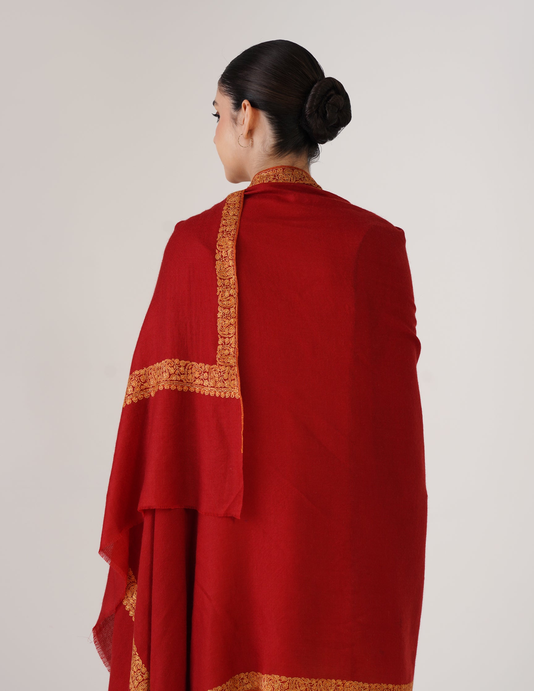 Kashmiri Handwoven Pashmina Sozni Shawl Doredaar – Red | Yellow &amp; Orange Heritage - Kashmir Box