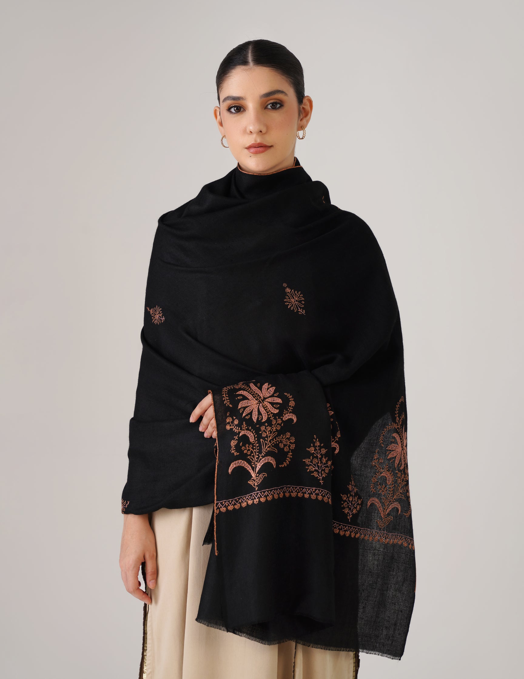 Kashmiri Handwoven Pashmina Sozni Shawl Bootidar – Black | Pink &amp; Orange Heritage - Kashmir Box