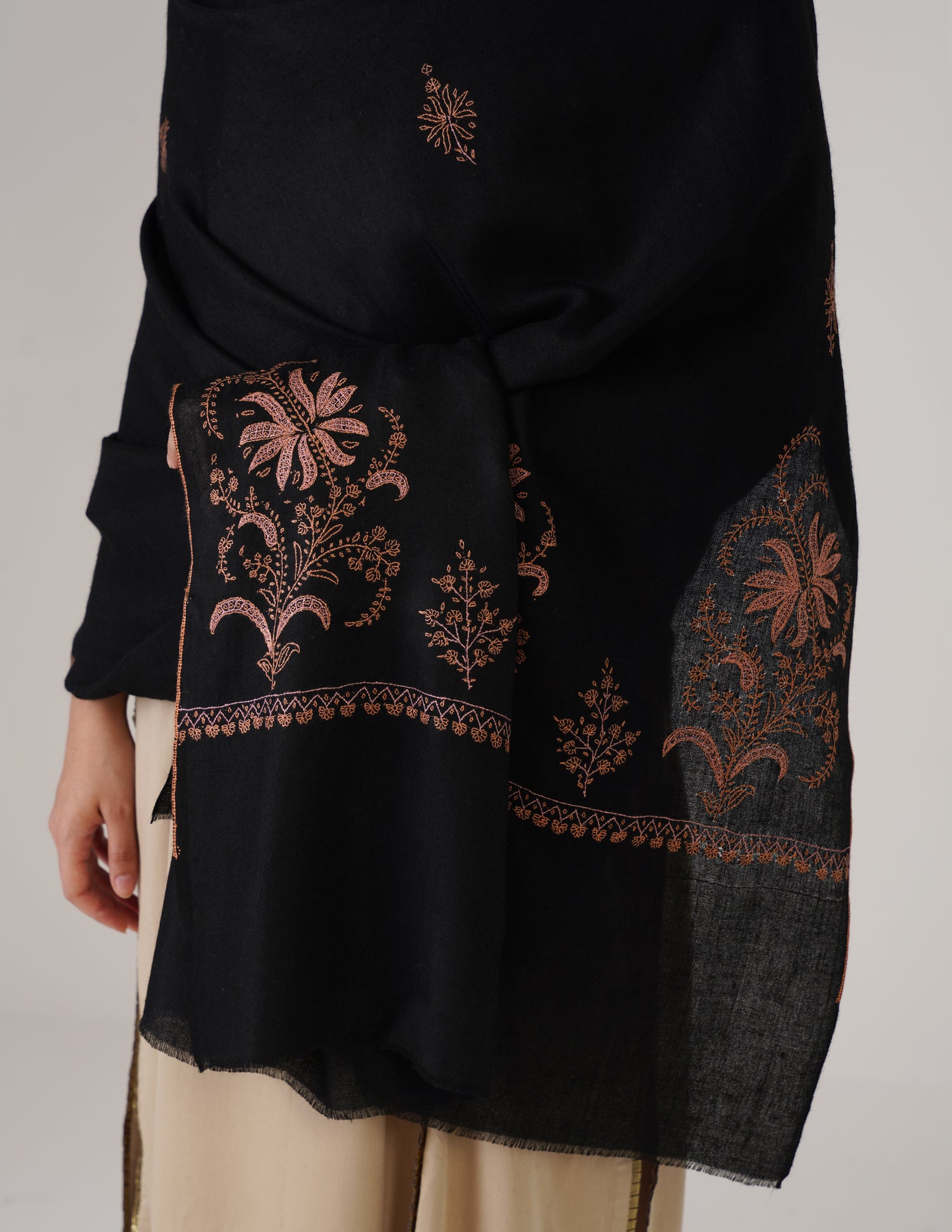 Kashmiri Handwoven Pashmina Sozni Shawl Bootidar – Black | Pink &amp; Orange Heritage - Kashmir Box