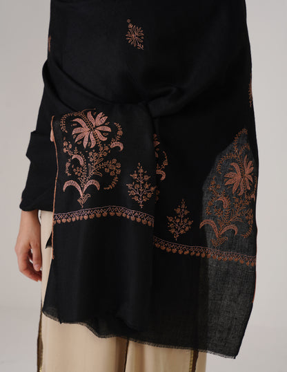 Kashmiri Handwoven Pashmina Sozni Shawl Bootidar – Black | Pink &amp; Orange Heritage - Kashmir Box