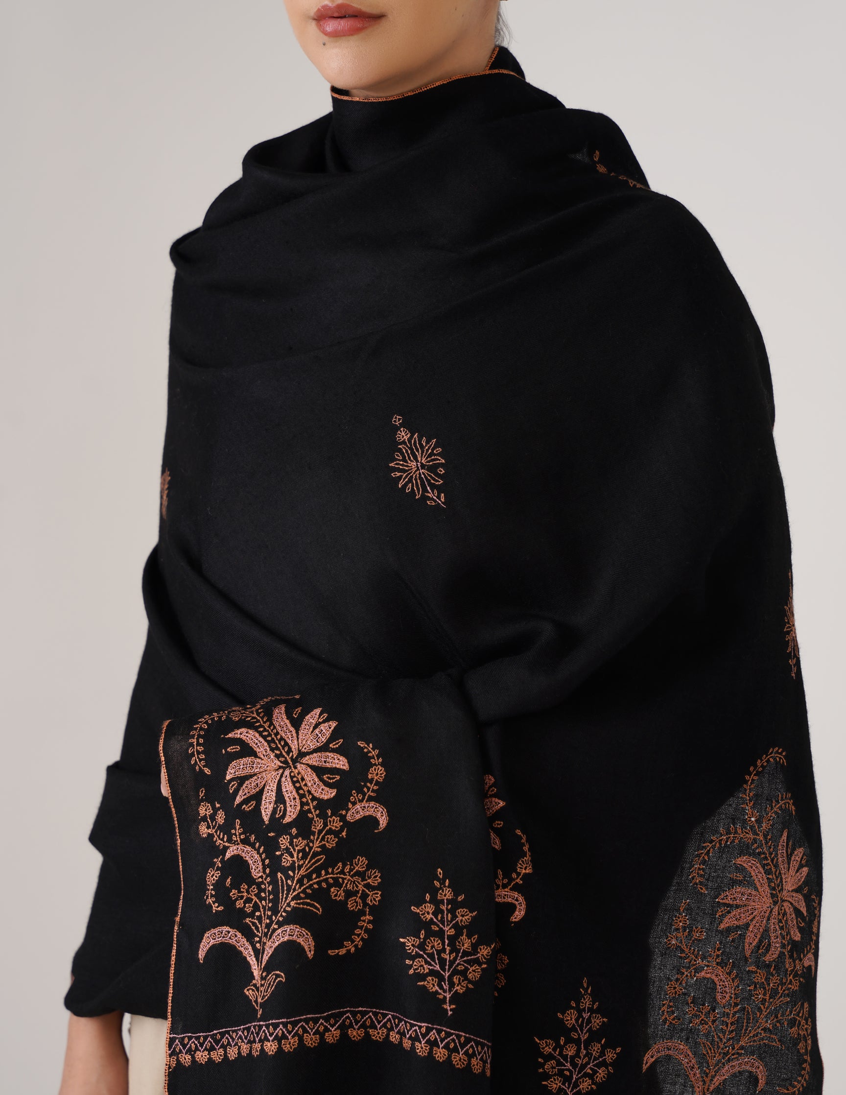 Kashmiri Handwoven Pashmina Sozni Shawl Bootidar – Black | Pink &amp; Orange Heritage - Kashmir Box