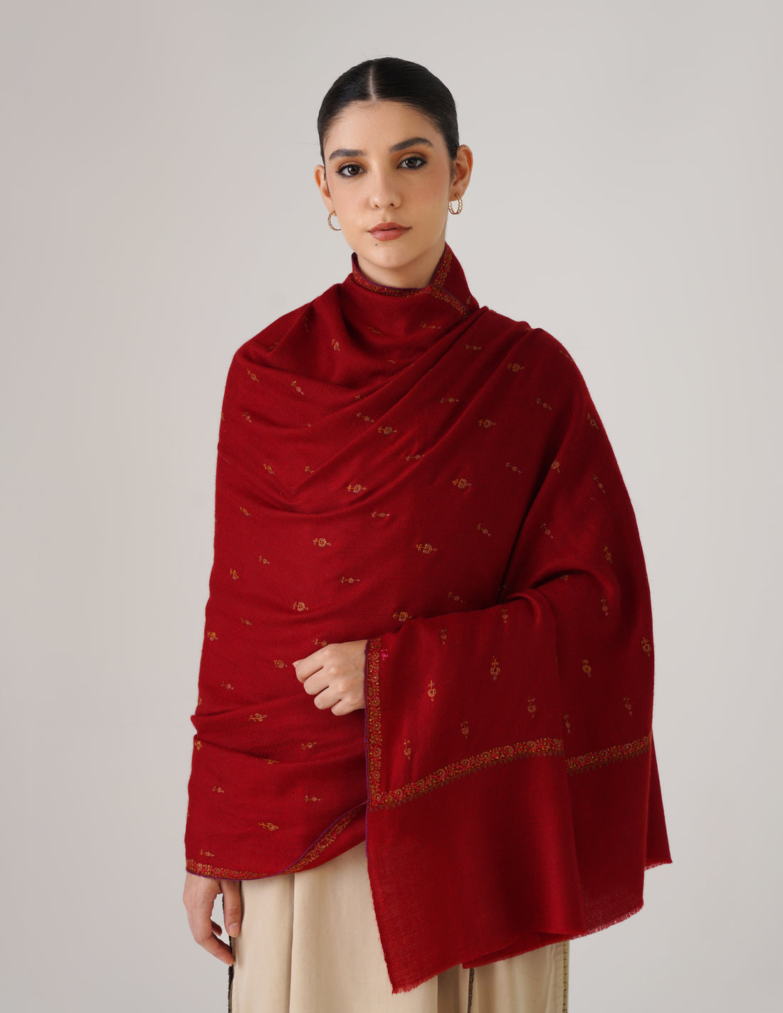 Kashmiri Handwoven Pashmina Sozni Shawl Bootidar – Red | Multicolour Heritage - Kashmir Box