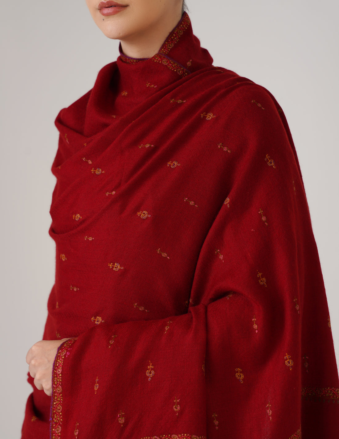 Kashmiri Handwoven Pashmina Sozni Shawl Bootidar – Red | Multicolour Heritage - Kashmir Box