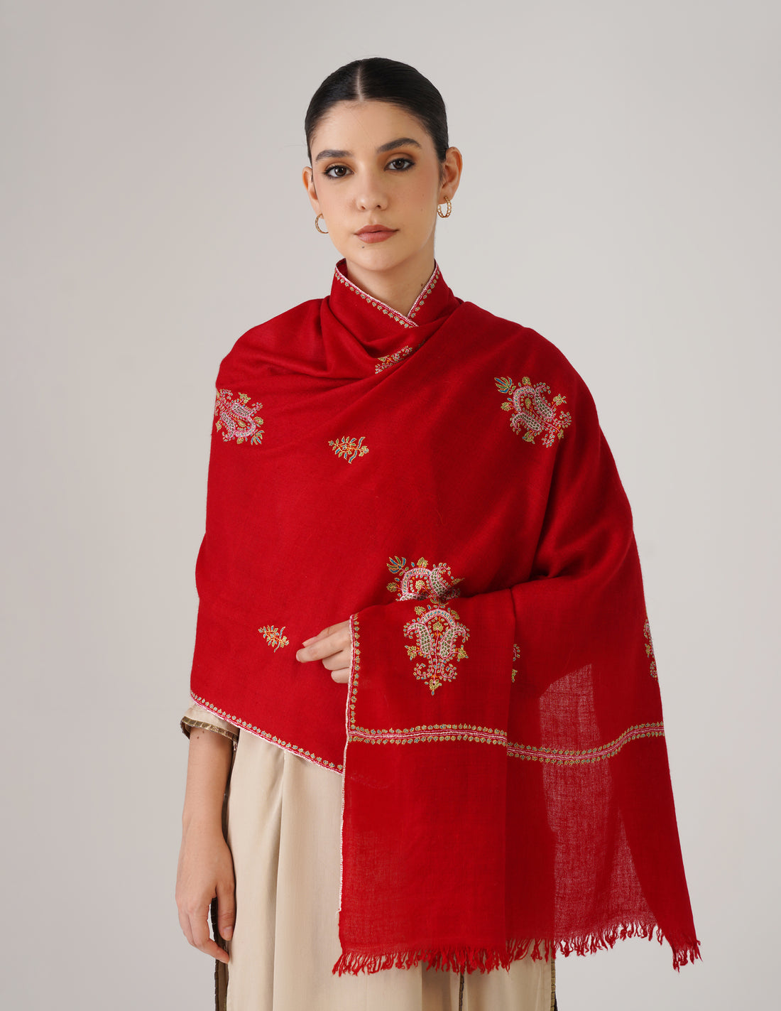 Kashmiri Handwoven Pashmina Sozni Stole Bootidar – Red | Handwoven Heritage - Kashmir Box