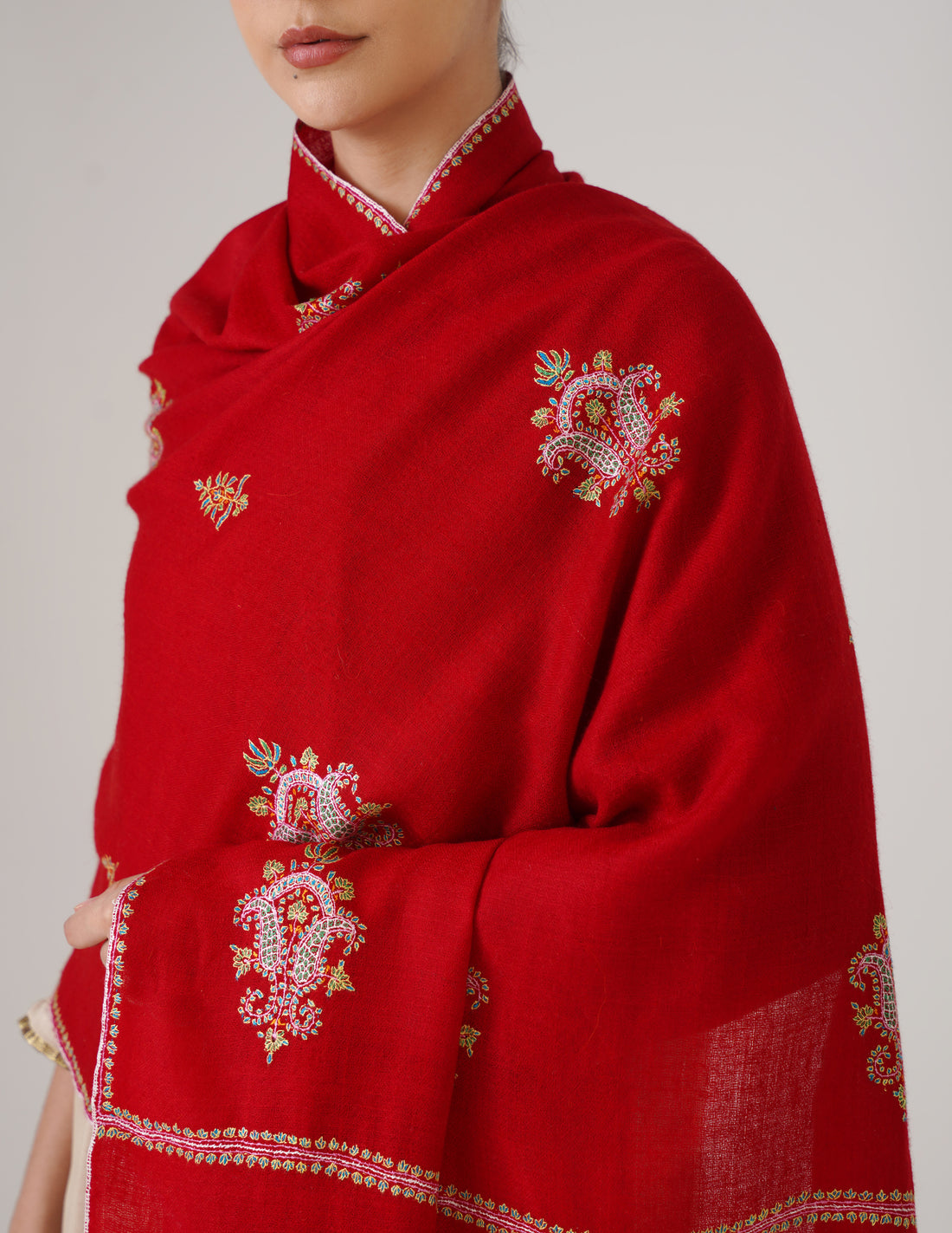 Kashmiri Handwoven Pashmina Sozni Stole Bootidar – Red | Handwoven Heritage - Kashmir Box