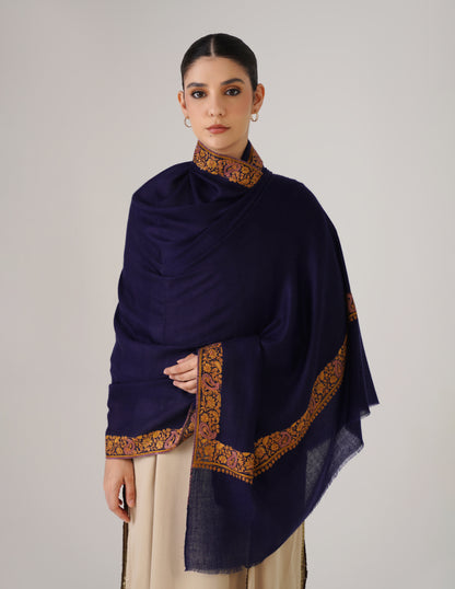 Kashmiri Handwoven Pashmina Sozni Shawl Doredaar – Navy Blue | Multicolour Heritage - Kashmir Box
