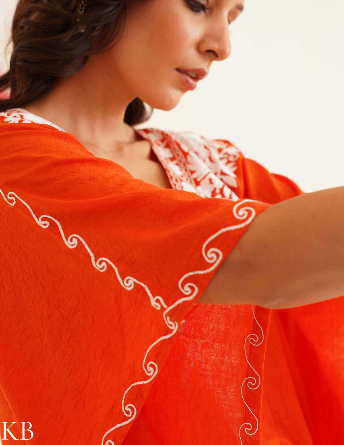 Vibrant Orange Aari Embroidered Cotton Kaftan Set | Comfortable Loose-Fit Coordinated Outfit | Summer Ethnic Wear - Kashmir Box