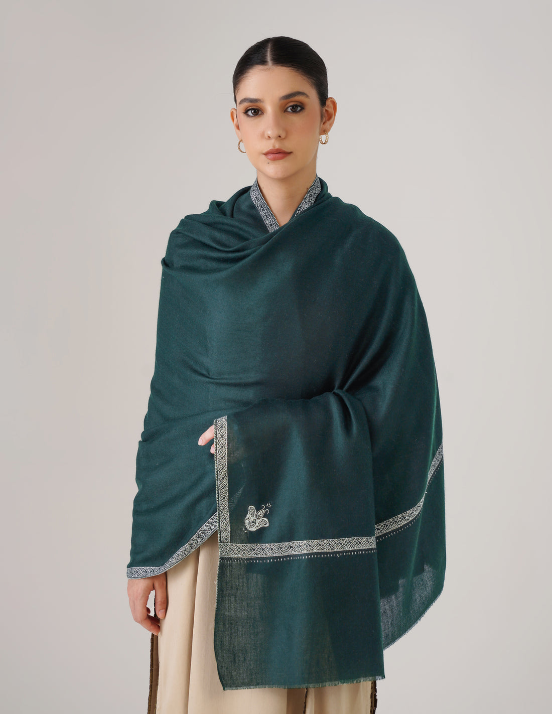 Kashmiri Handwoven Pashmina Sozni Shawl Hashidaar – Bottle Green | Light Green &amp; Black Heritage - Kashmir Box