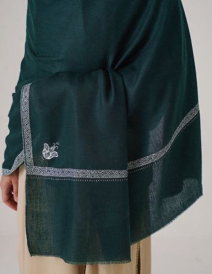 Kashmiri Handwoven Pashmina Sozni Shawl Hashidaar – Bottle Green | Light Green &amp; Black Heritage - Kashmir Box