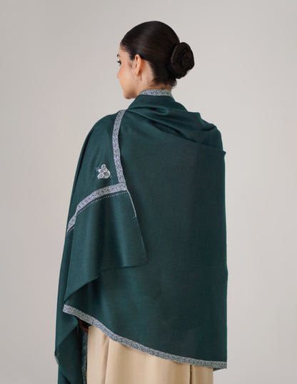 Kashmiri Handwoven Pashmina Sozni Shawl Hashidaar – Bottle Green | Light Green &amp; Black Heritage - Kashmir Box